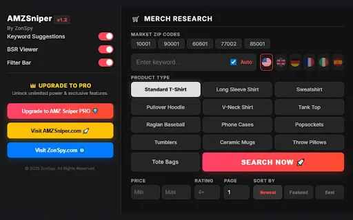 AMZSniper: Pinakamahusay na Libreng Tool para sa Merch at KDP Research - Screenshot 1