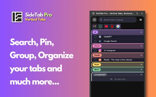 SideTab Pro: Pinakamahusay na Vertical Tabs Manager para sa Chrome - Screenshot 1